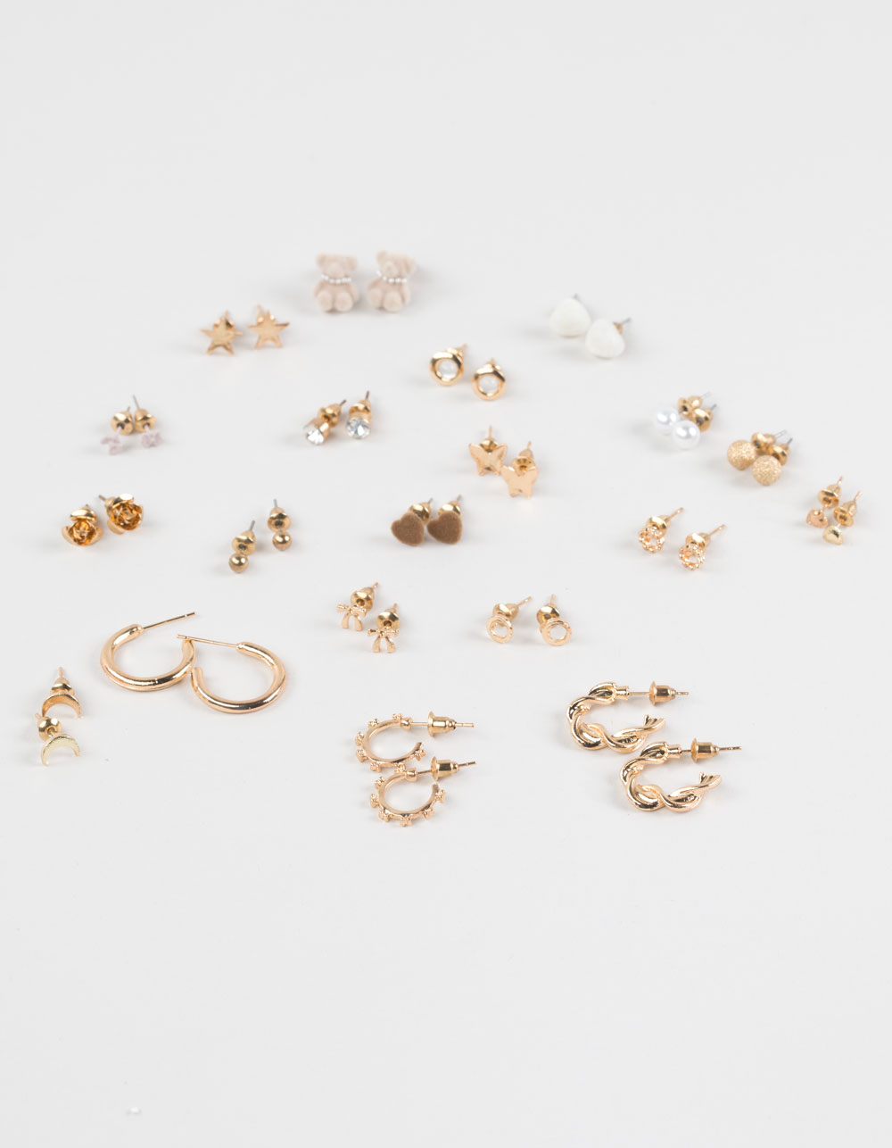 FULL TILT 20 Pack Teddy/Bow/Hoop Earrings - GOLD