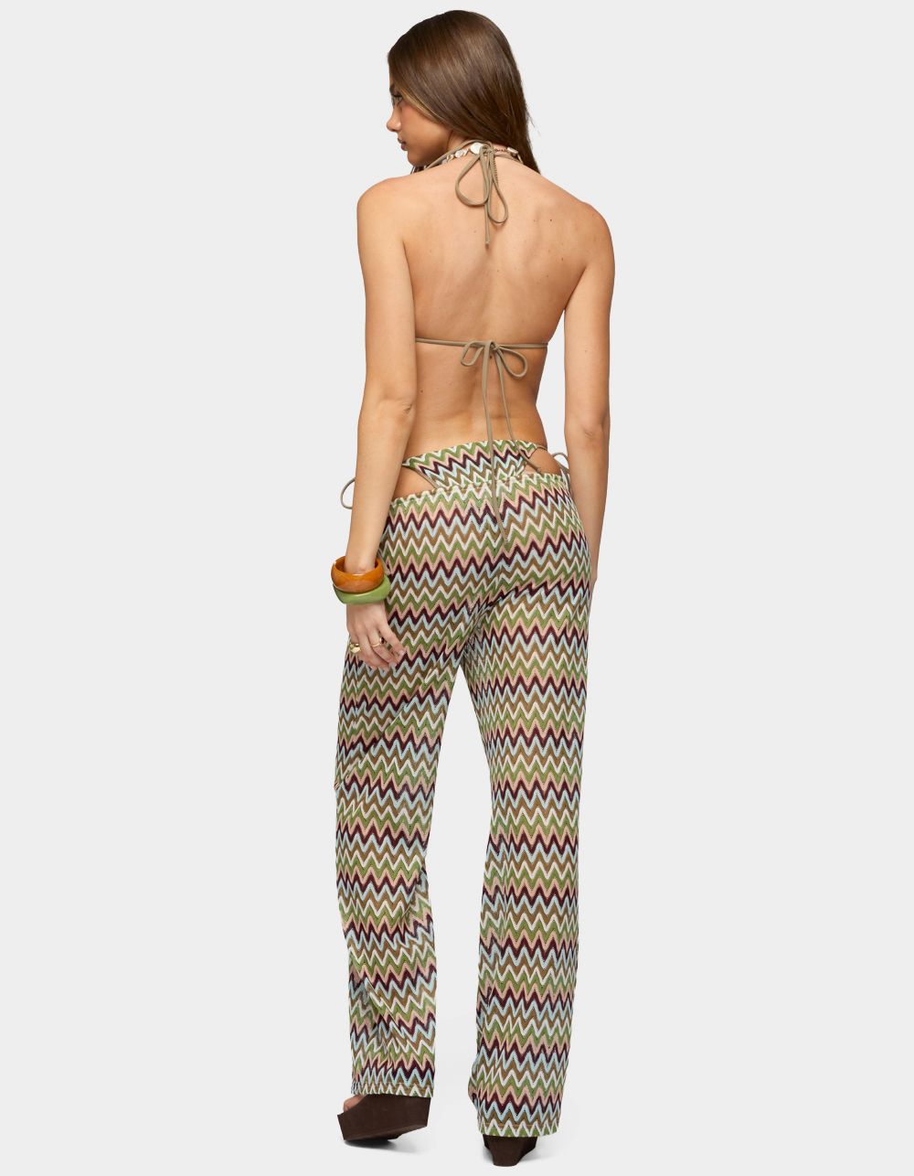 EDIKTED Mindee Zigzag Crochet Pants - DK GREEN