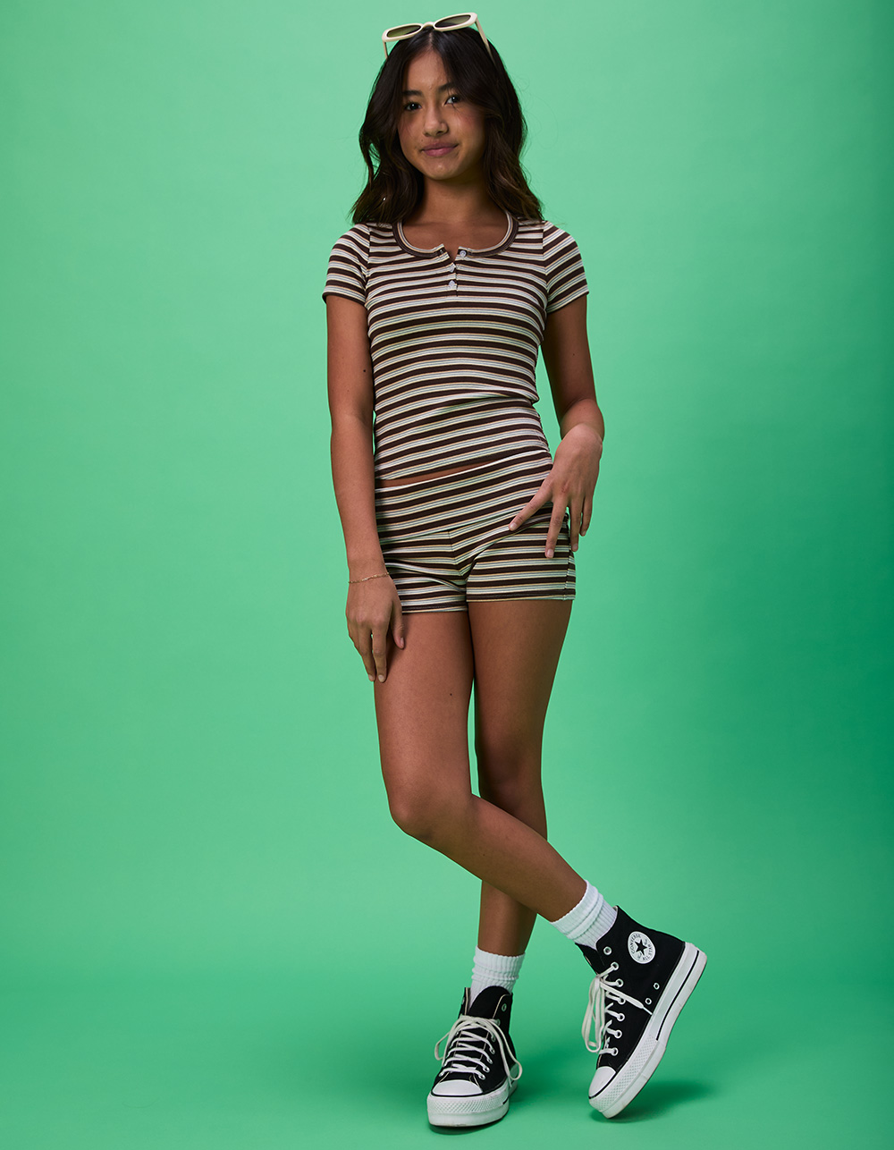 FULL TILT Stripe Fold Over Girls Micro Shorts - BROWN COMBO