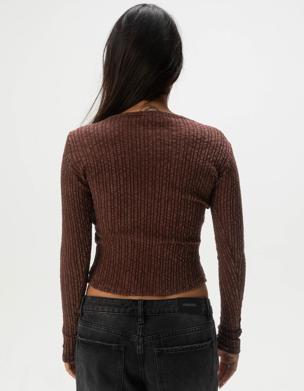 FULL TILT Womens Rib Long Sleeve Henley Top - BROWN