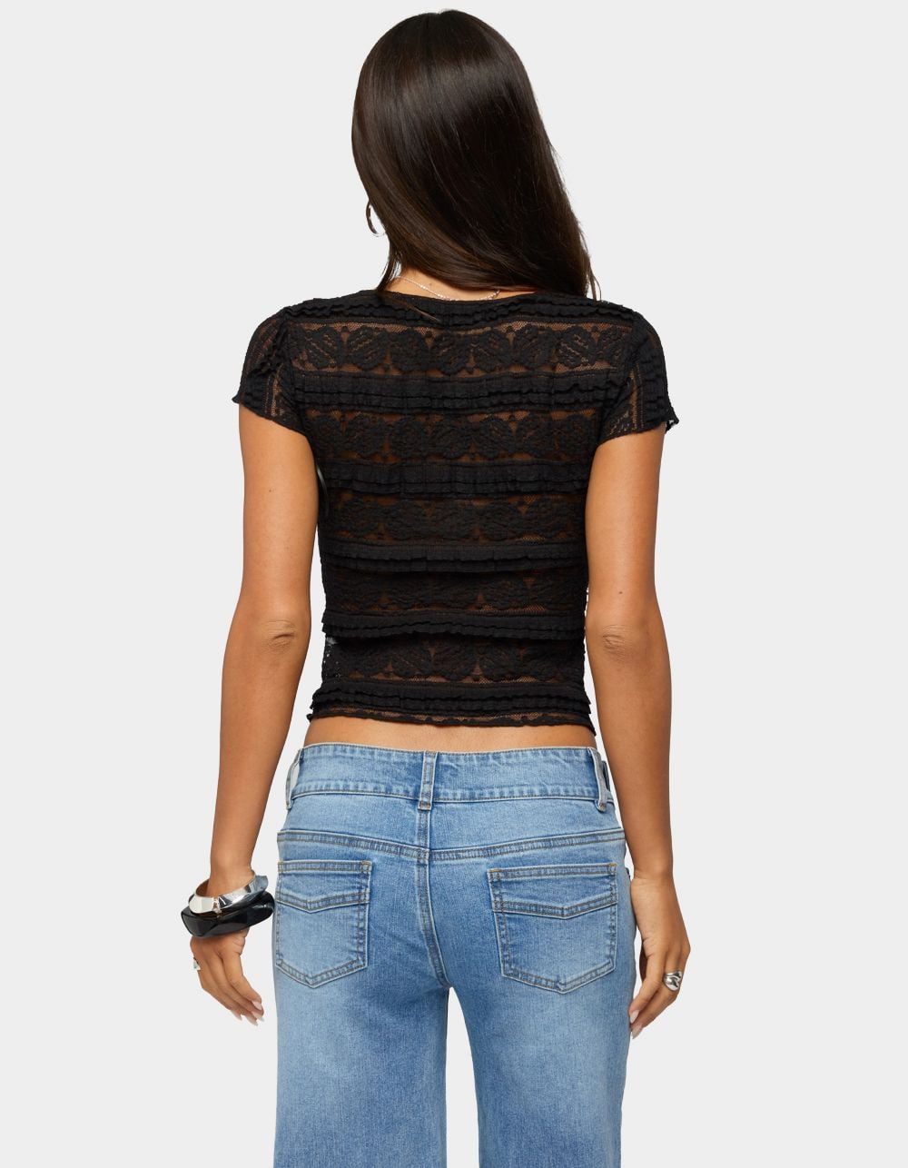 EDIKTED Avalee Sheer Lace V-Neck Top - BLACK