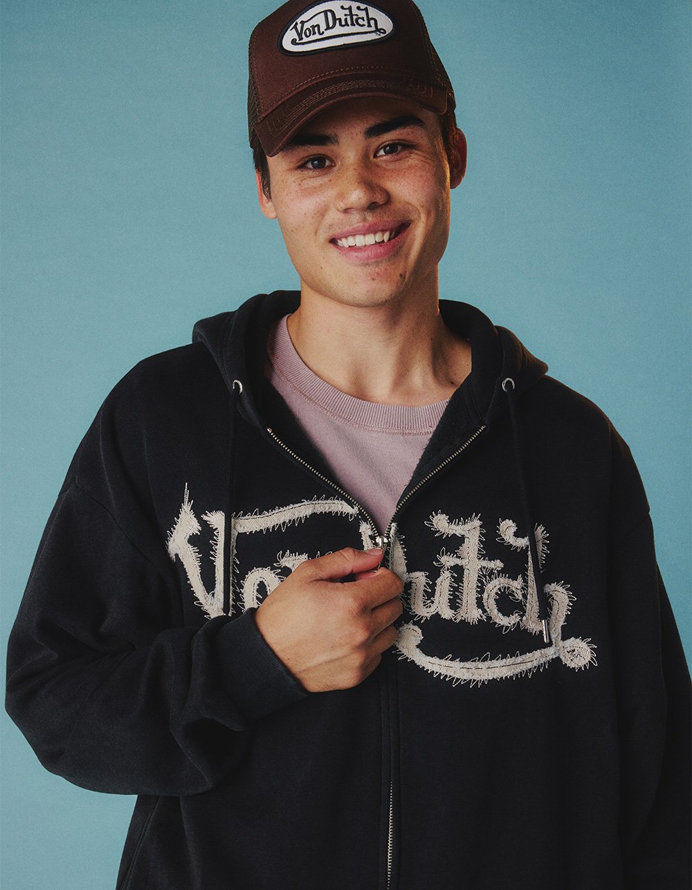 VON DUTCH Patch Mens Zip-Up Hoodie - WASHED BLACK