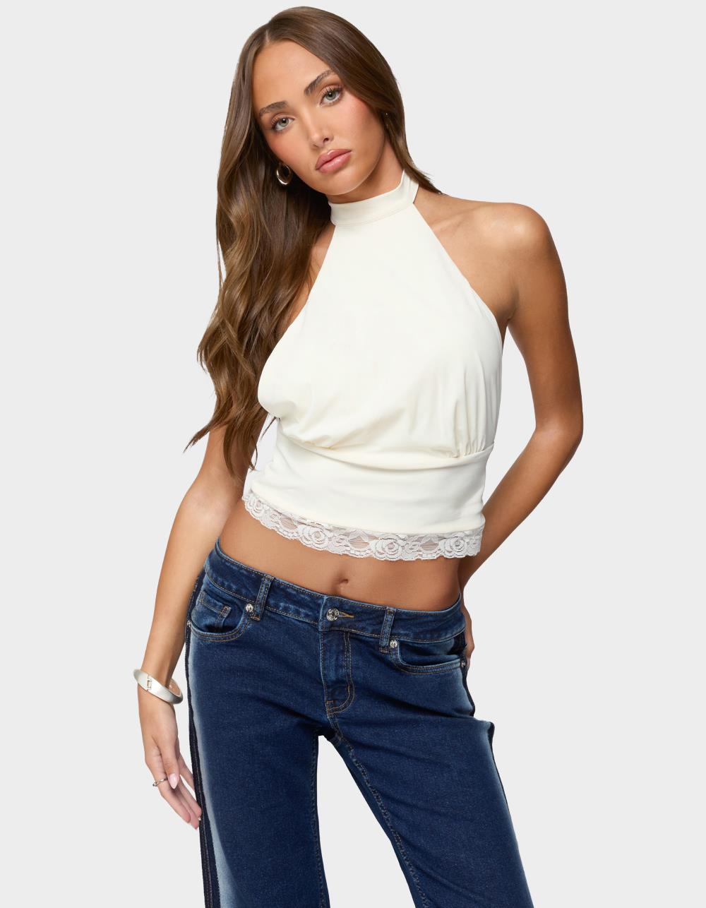 EDIKTED Sandra Lacey High Neck Halter Top - BEIGE