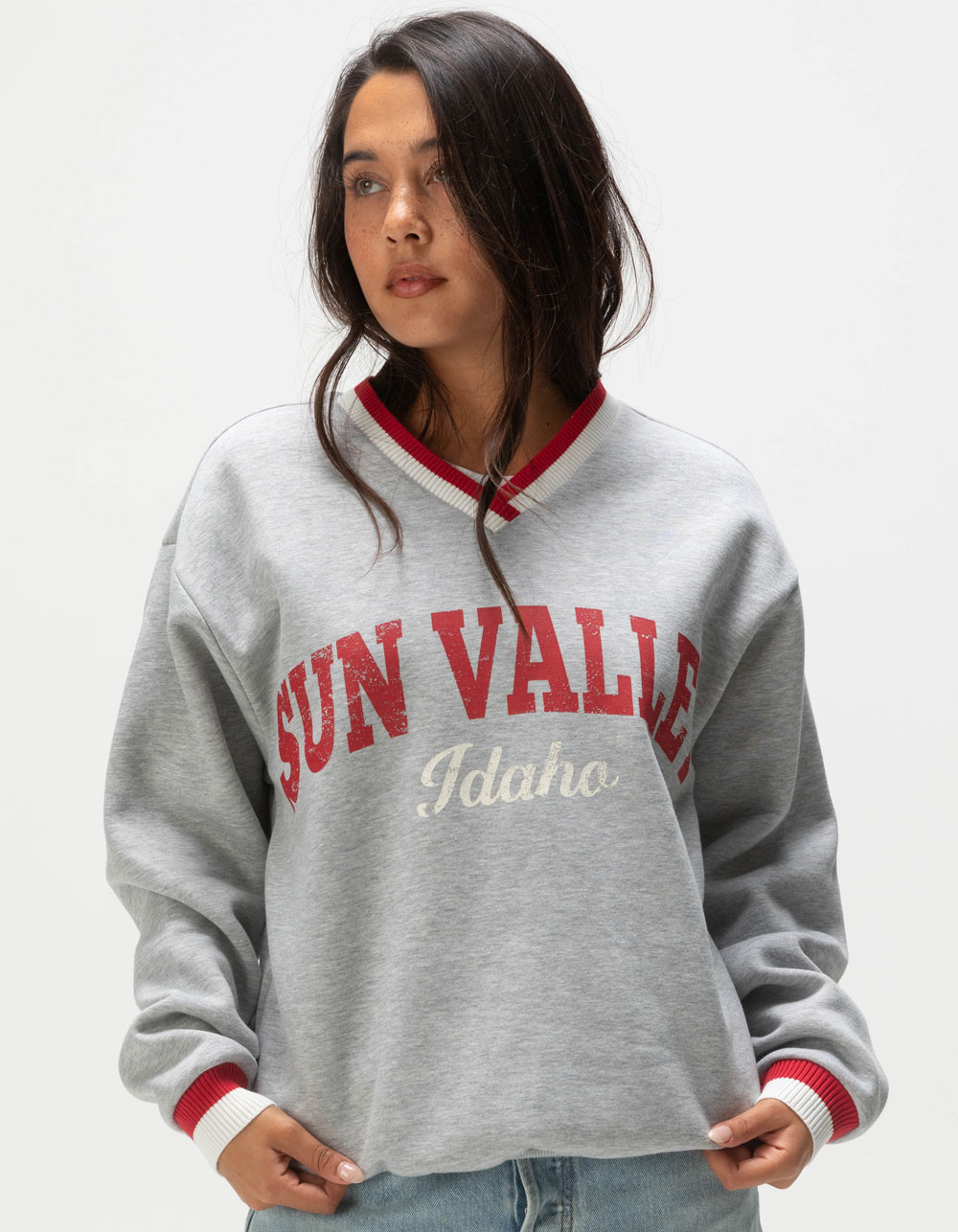 RSQ Womens Sun Valley V-Neck Sweatshirt - HEATHER GRAY