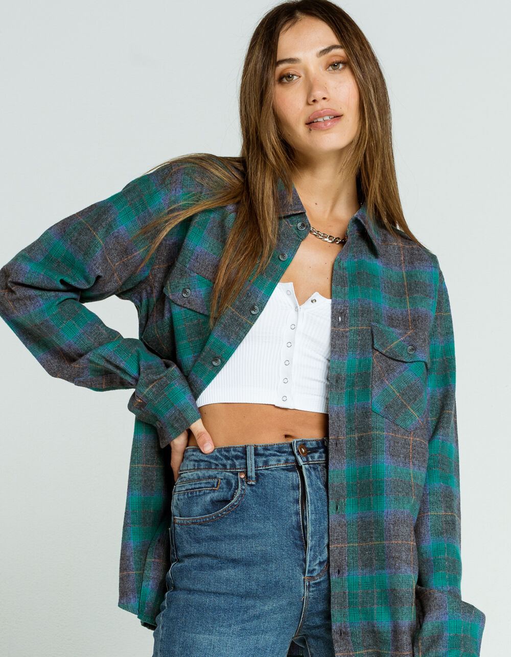 RSQ Collective Heather Womens Flannel Shirt - GRAY/GREEN | Tillys