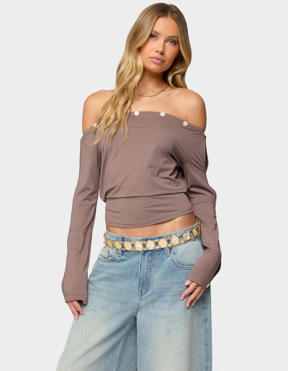 EDIKTED Ronee Off Shoulder Button Cutout Top - BROWN