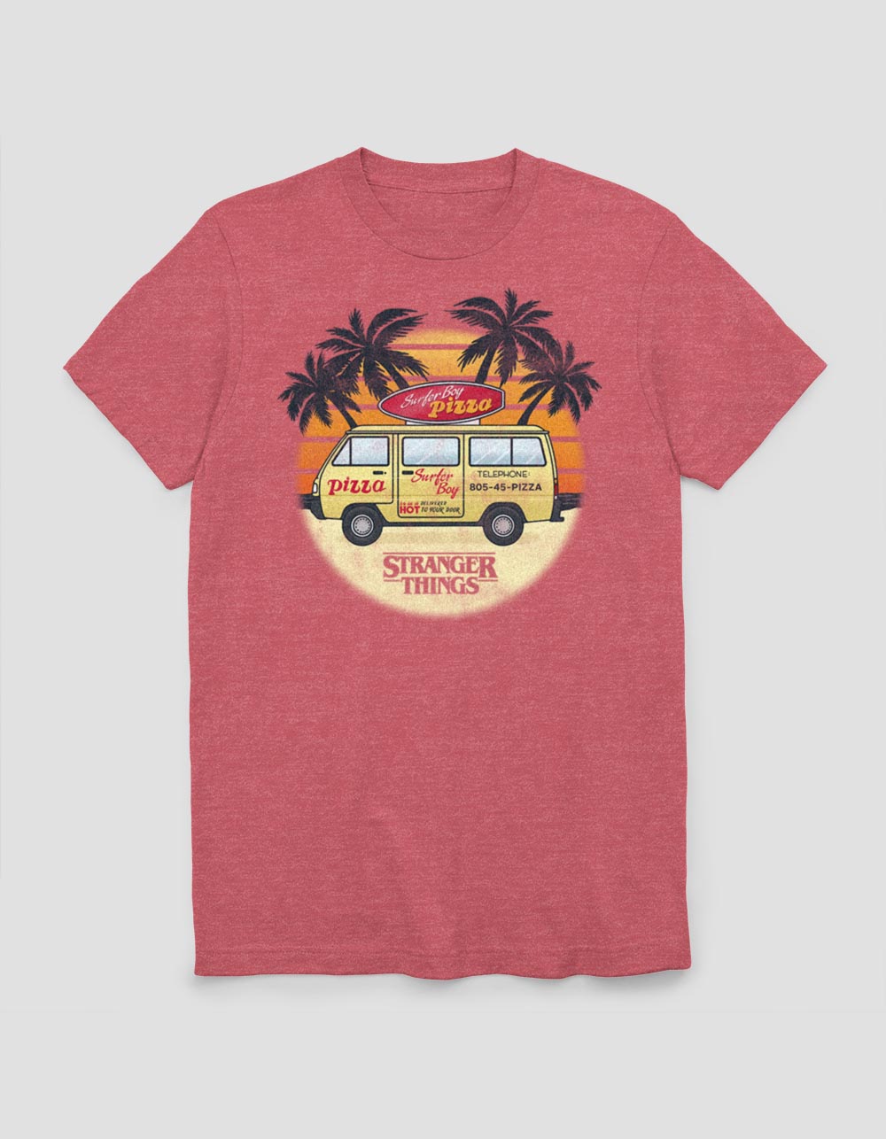 STRANGER THINGS Surfer Boy Sunset Unisex Tee - HTHR RED