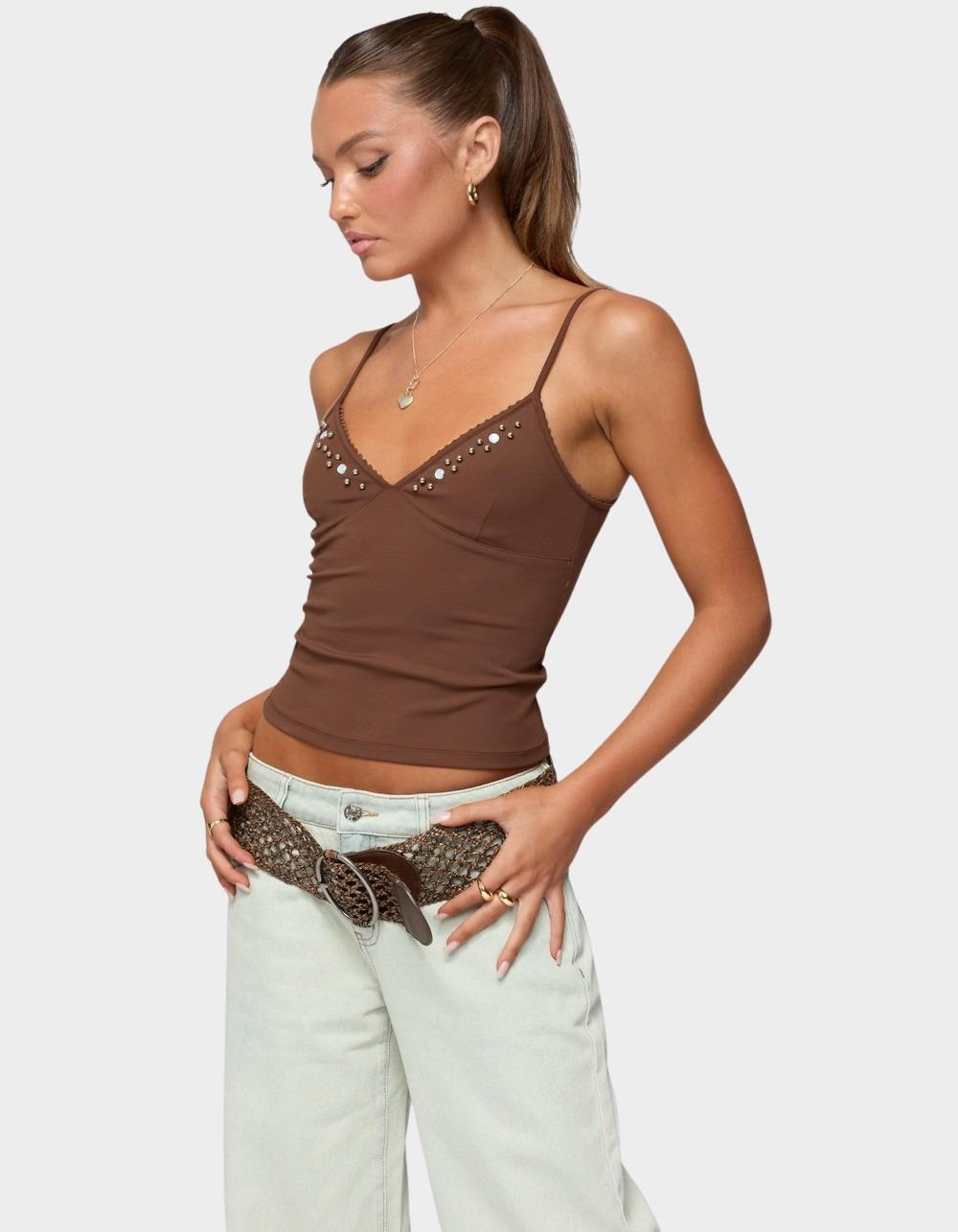 EDIKTED Holland Bead V-Neck Tank Top - BROWN