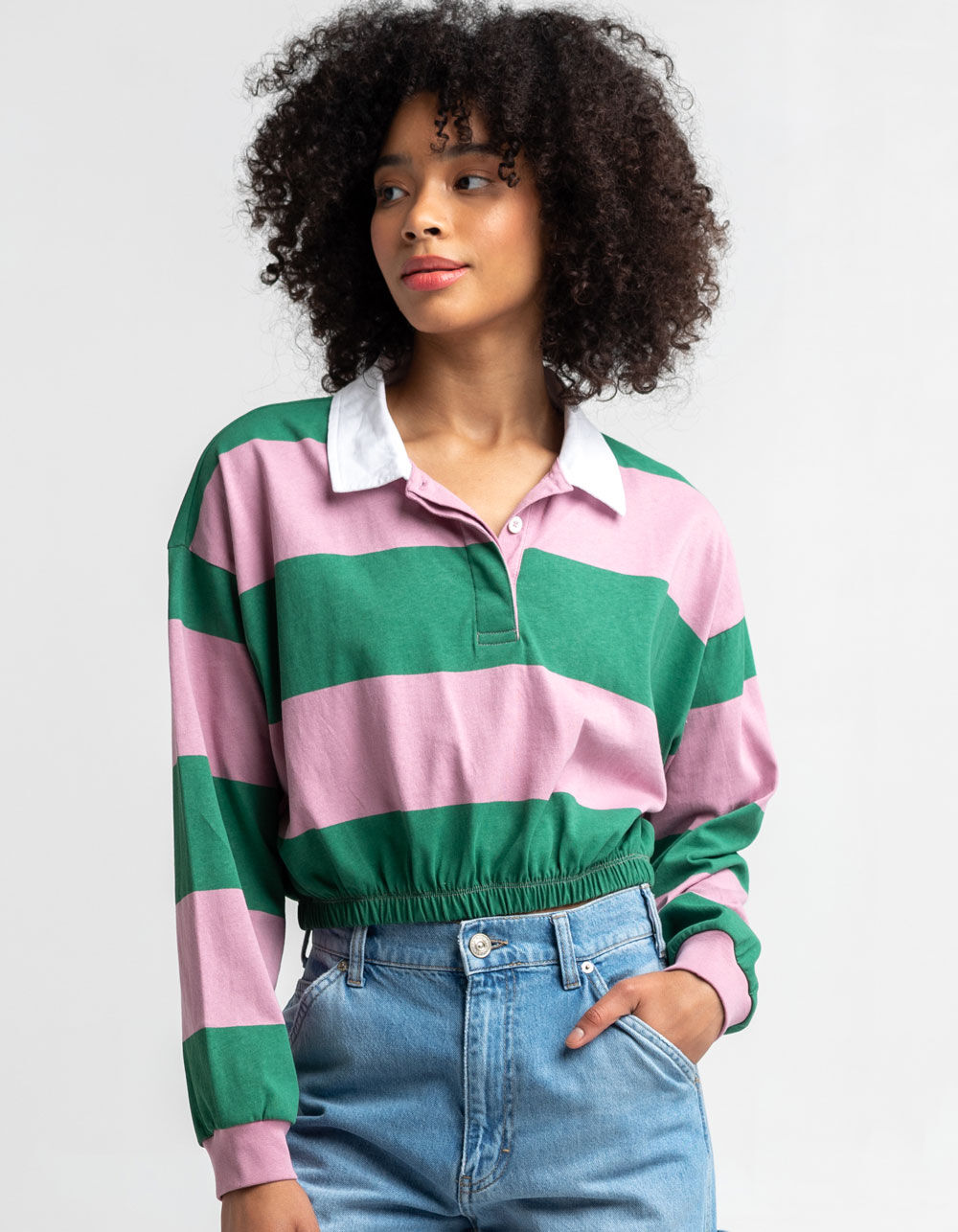 RSQ Womens Rugby Stripe Elastic Polo Tee - GREEN COMBO | Tillys