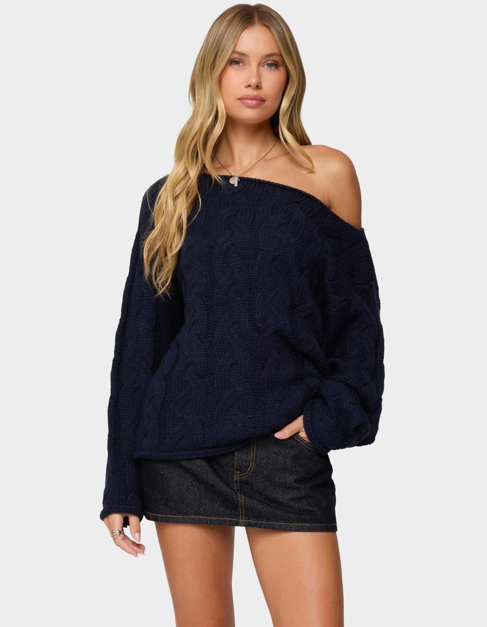 EDIKTED Nellie Off Shoulder Cable Knit Sweater - NAVY