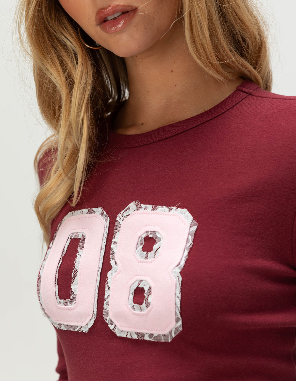 RSQ Womens 08 Lace Long Sleeve Baby Tee - BURGUNDY