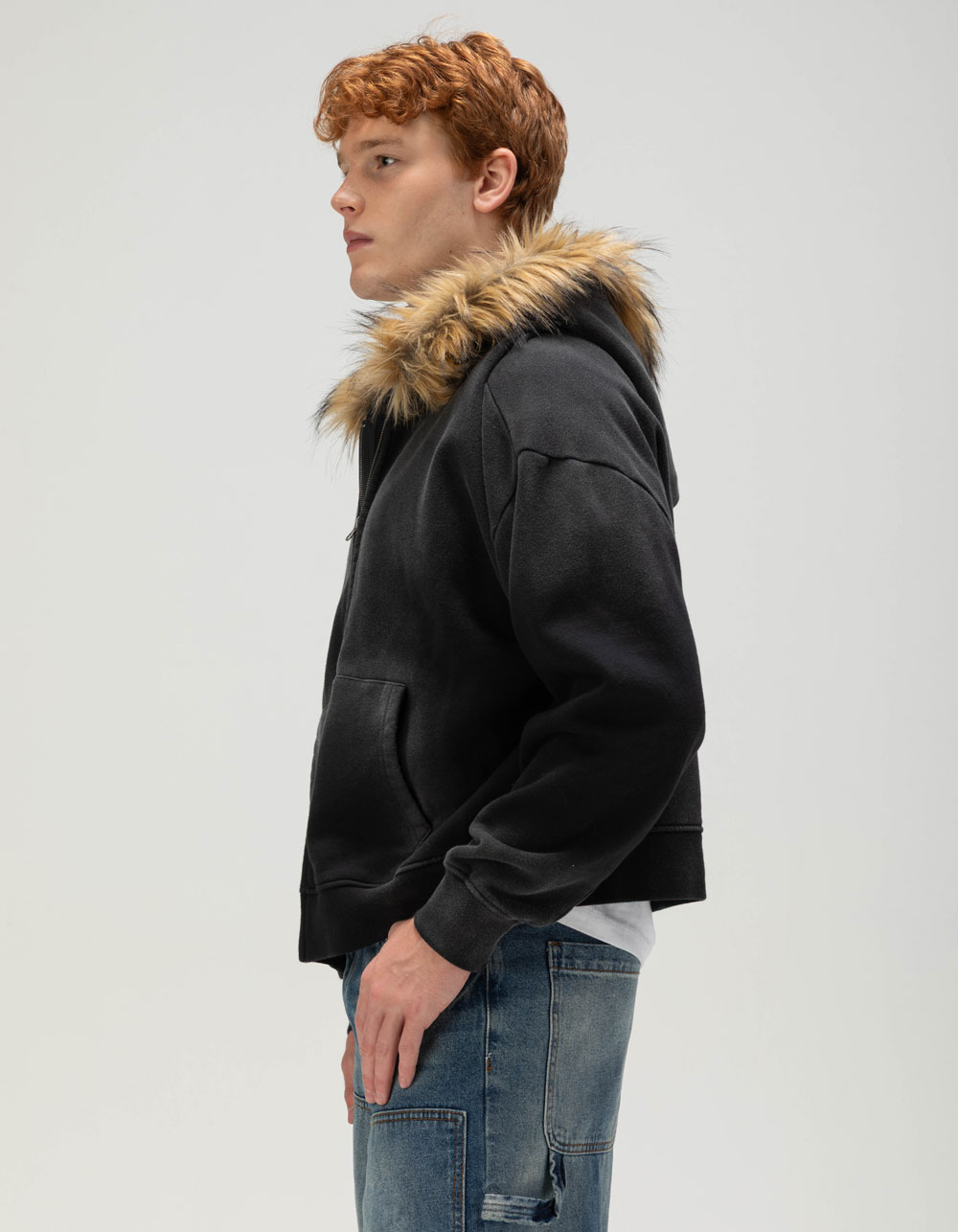 RSQ Mens Faux Fur Trim Oversized Zip-Up Hoodie - BLACK