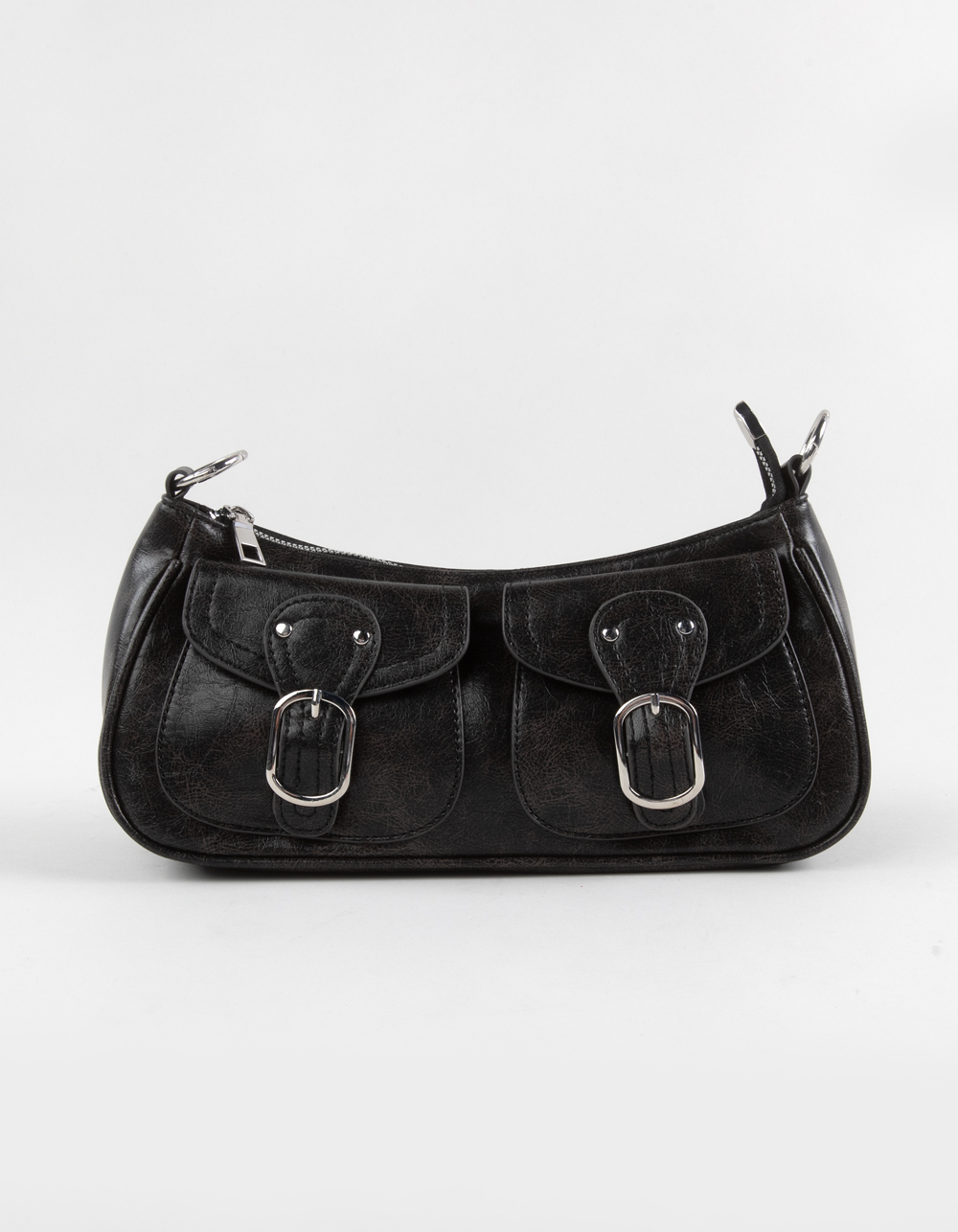 Faux Leather Buckle Shoulder Bag - WASHED BLACK