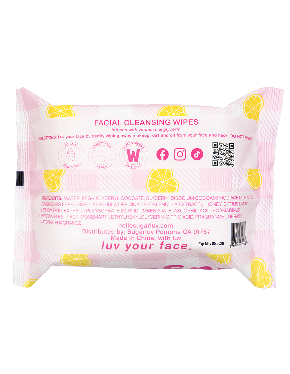SUGARLUV Lemon & Honey Facial Cleansing Wipes - PINK
