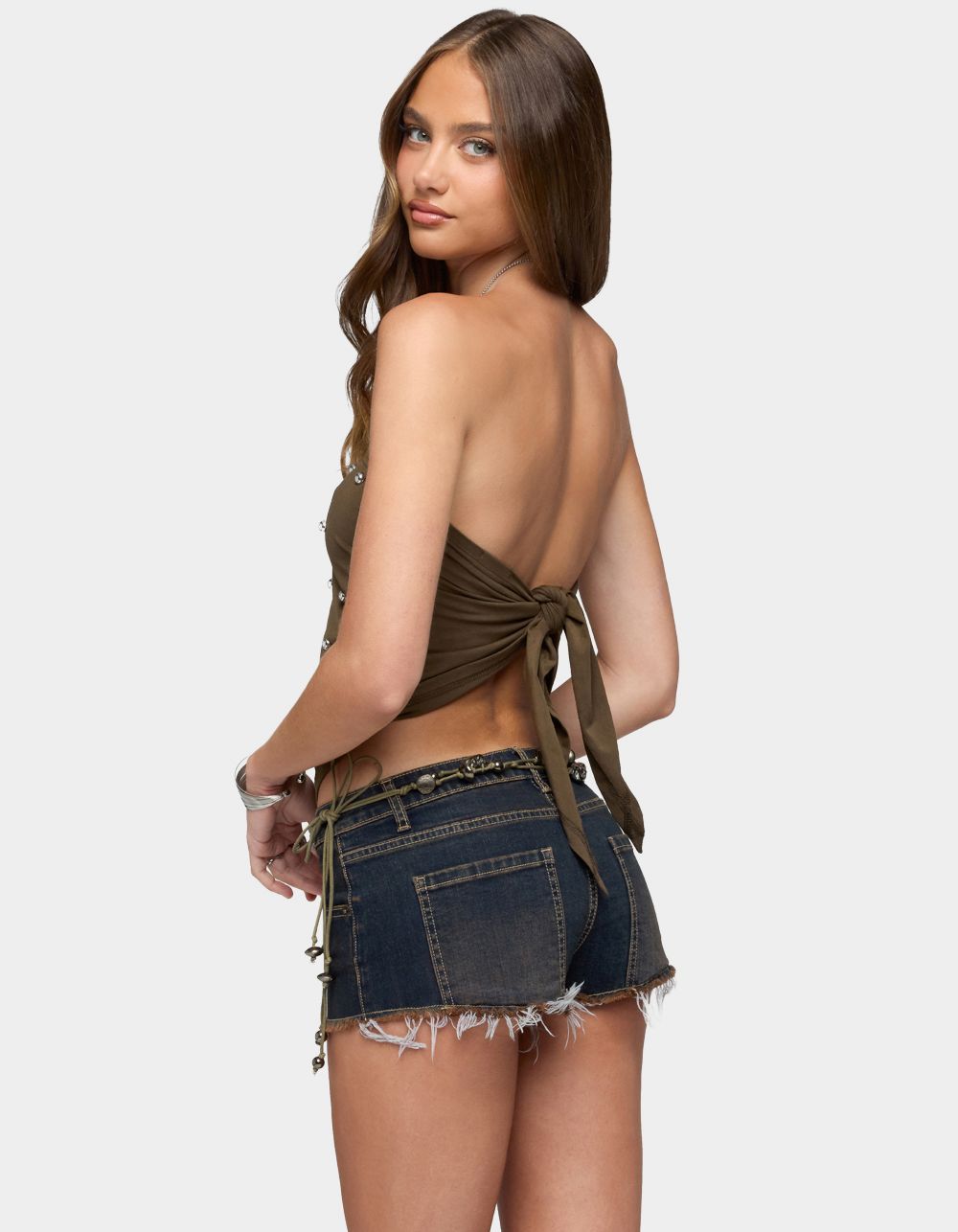 EDIKTED Studded Backless Handkerchief Top - DK GREEN