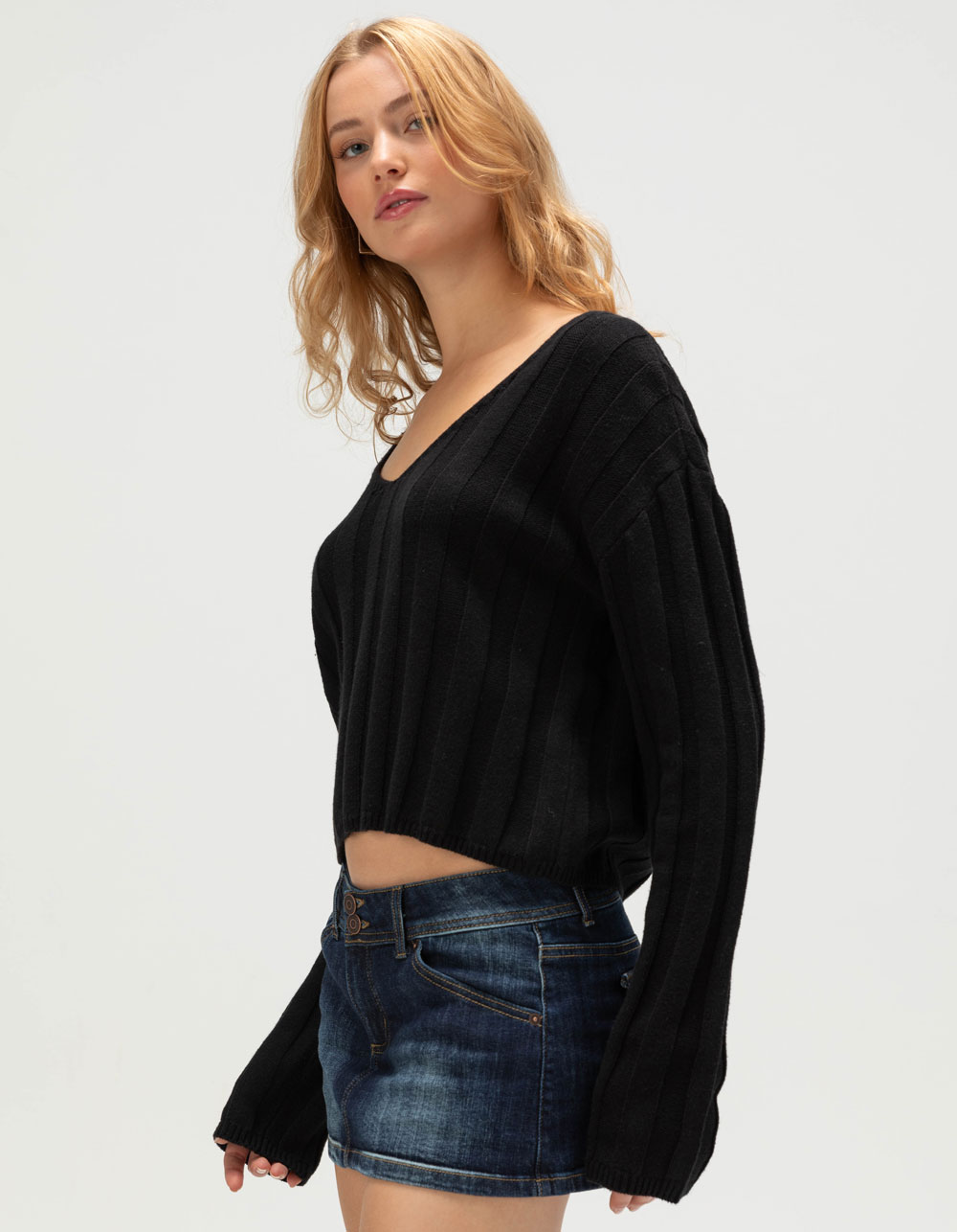 RSQ Womens Crop Rib Sweater - BLACK