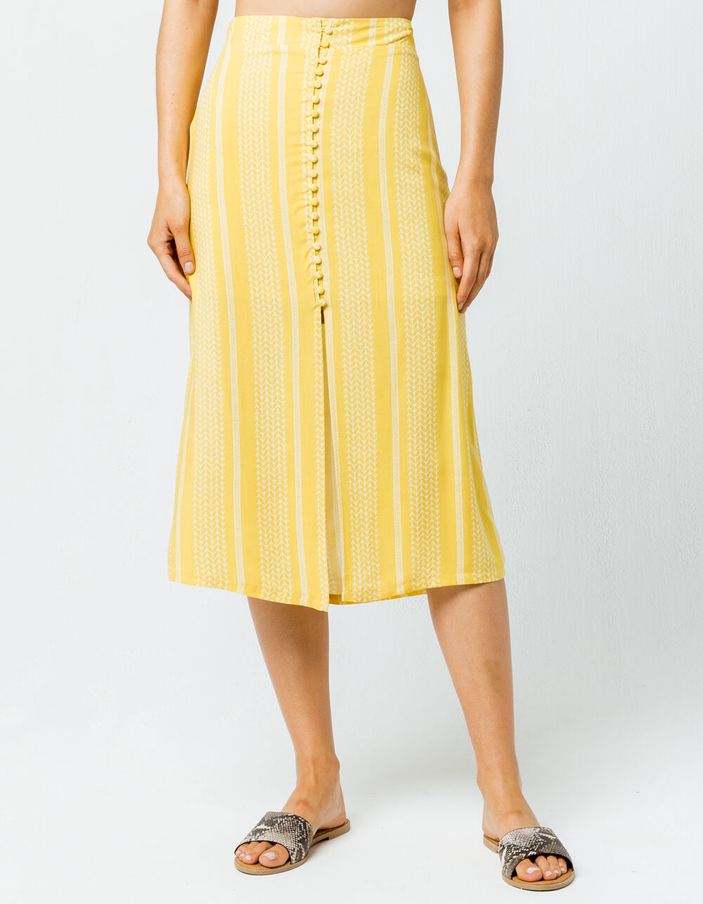 SKY AND SPARROW Button Front Midi Skirt - YELLOW COMBO | Tillys