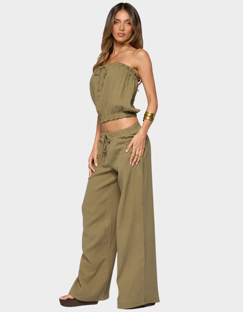 EDIKTED Viktoria Wide Leg Gauze Pants - DK GREEN