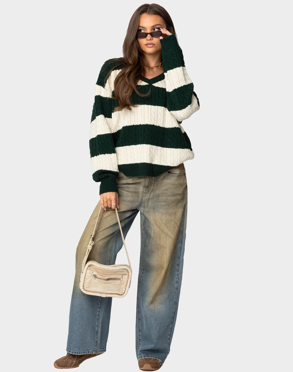 EDIKTED Oversized Striped Cable Knit Sweater - GREEN