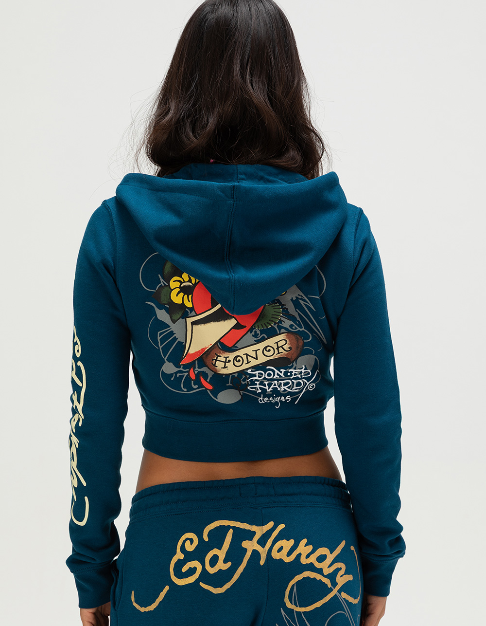 ED HARDY Love Kills Slow Skull Womens Zip-Up Hoodie - NAVY