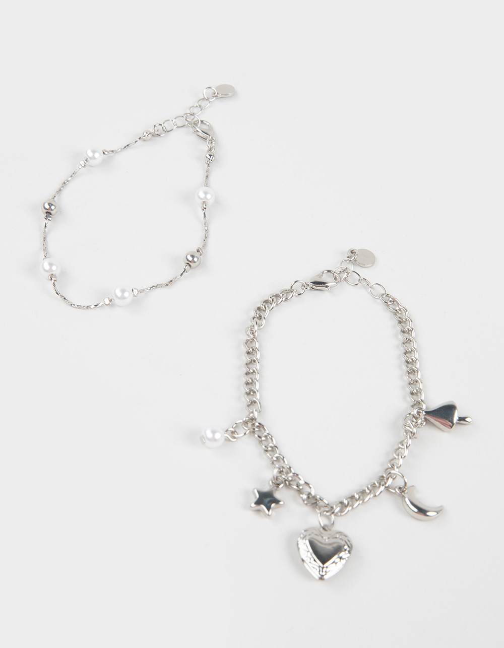 FULL TILT 2 Pack Pearl/Heart Charm Bracelets - SILVER