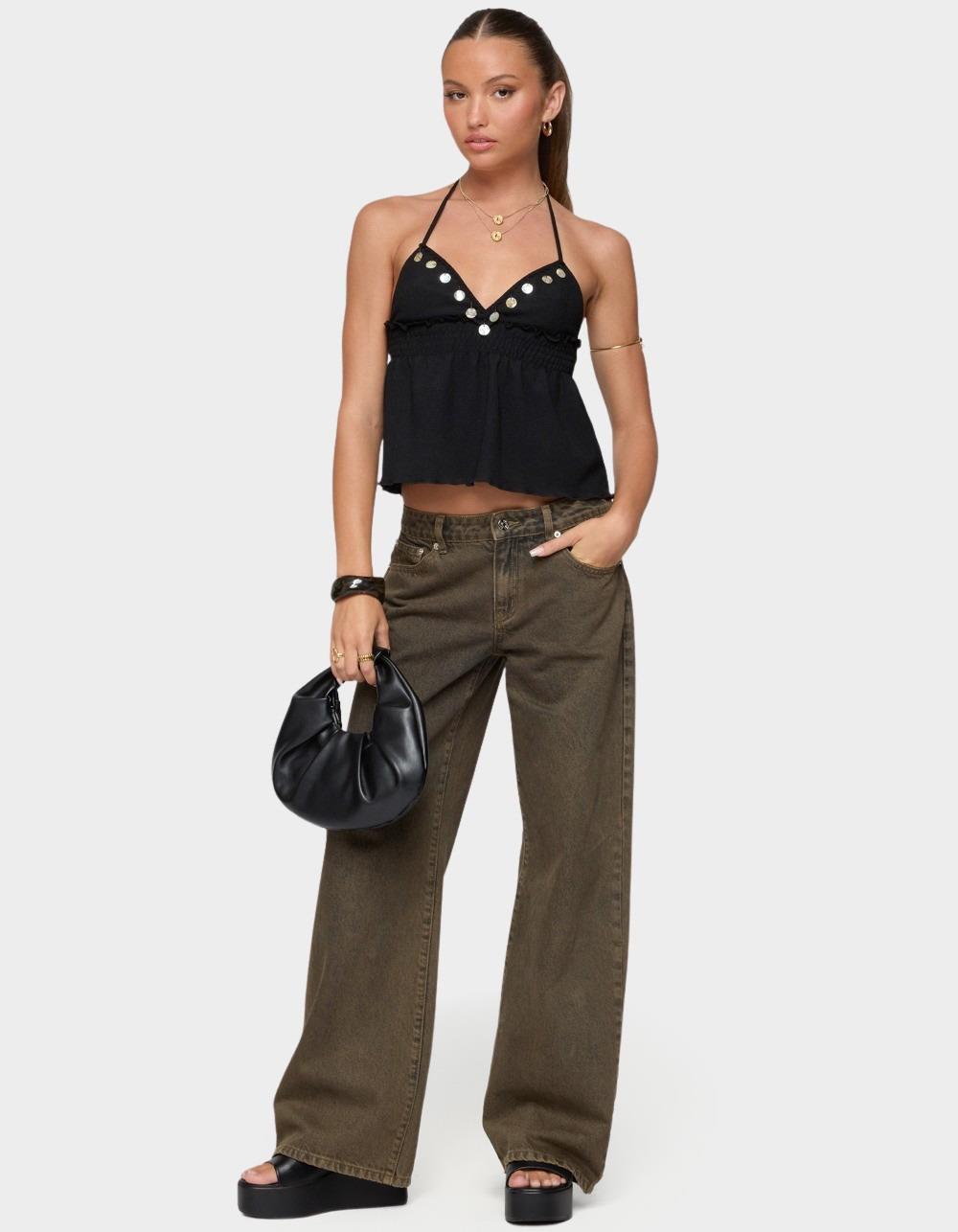 EDIKTED Textured Iridescent Babydoll Halter Top - BLACK