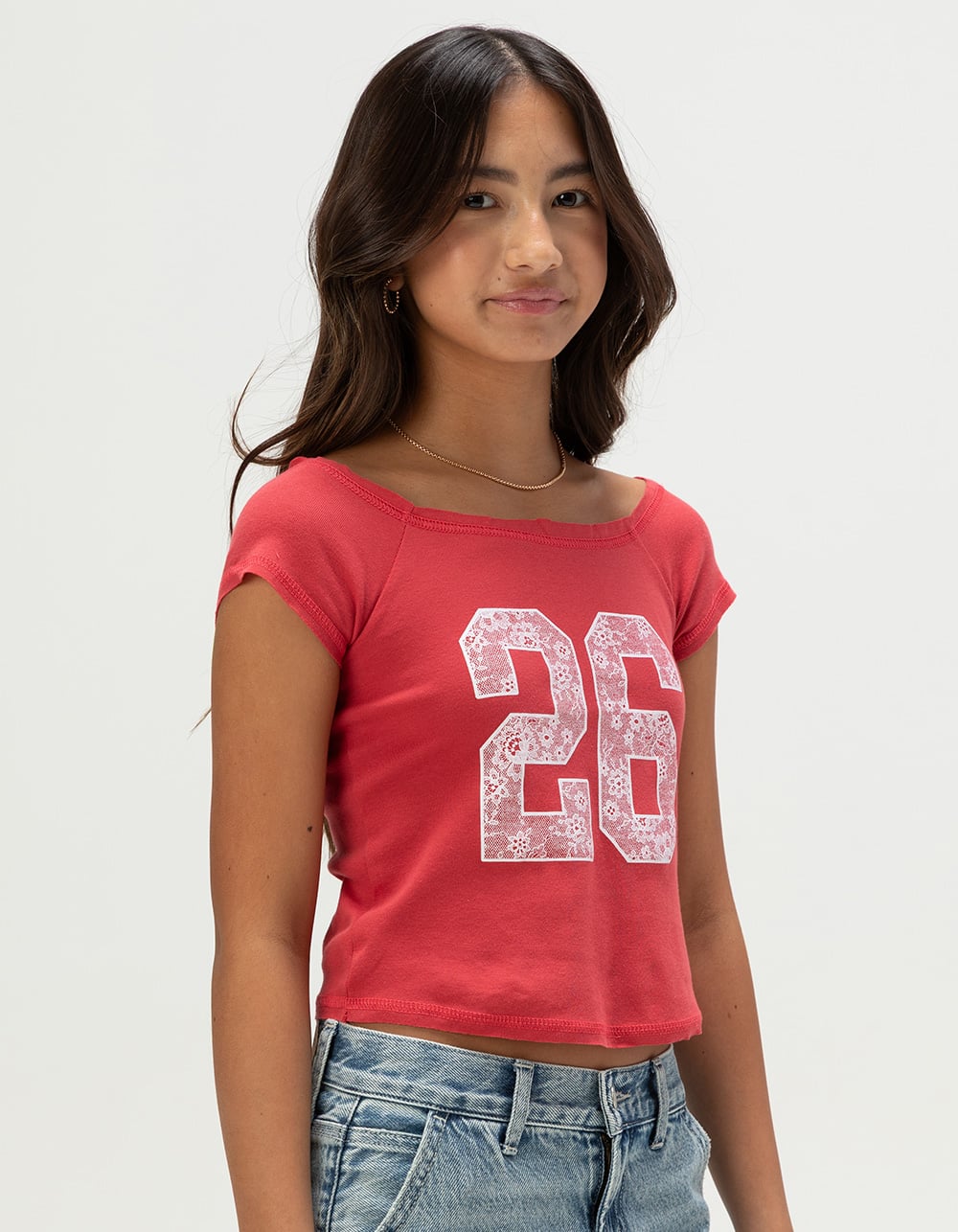 FULL TILT Lace 26 Girls Off The Shoulder Tee - RED