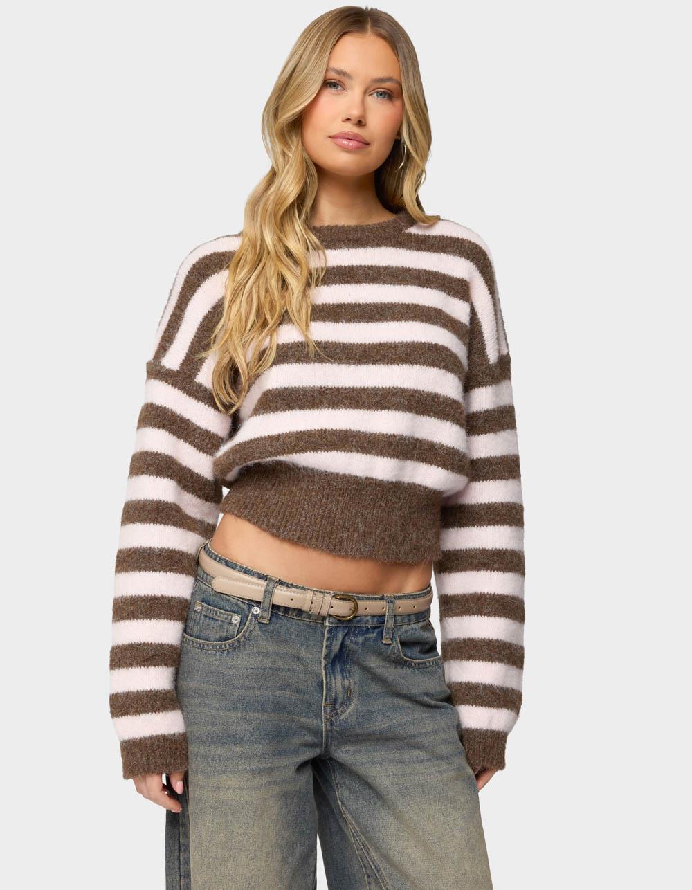 EDIKTED Penelope Fuzzy Striped Sweater - BROWN