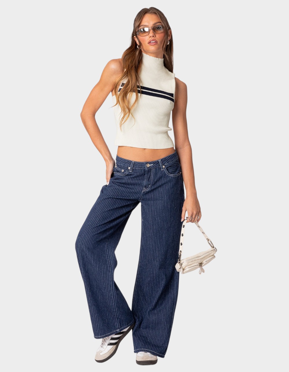 EDIKTED Pinstripe Low Rise Jeans - NAVY