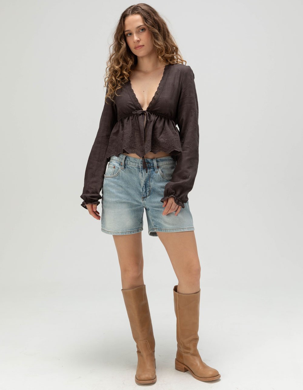 RSQ Womens Crochet Long Sleeve Tie Front Top - GRAY