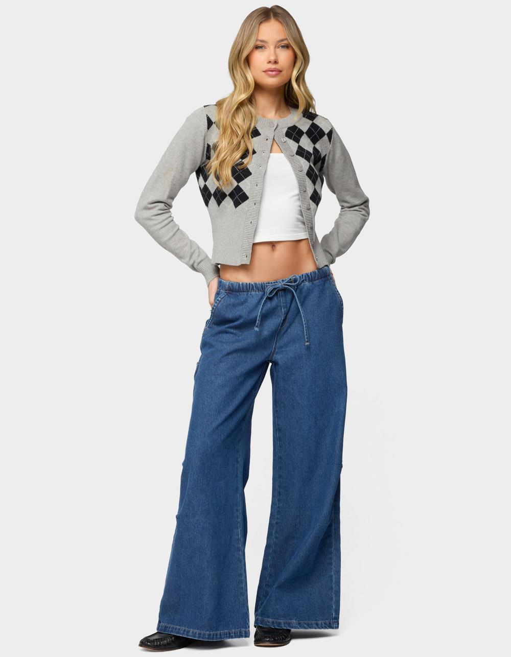 EDIKTED Vicky Tie Waist Low Rise Baggy Jeans - DARK BLUE