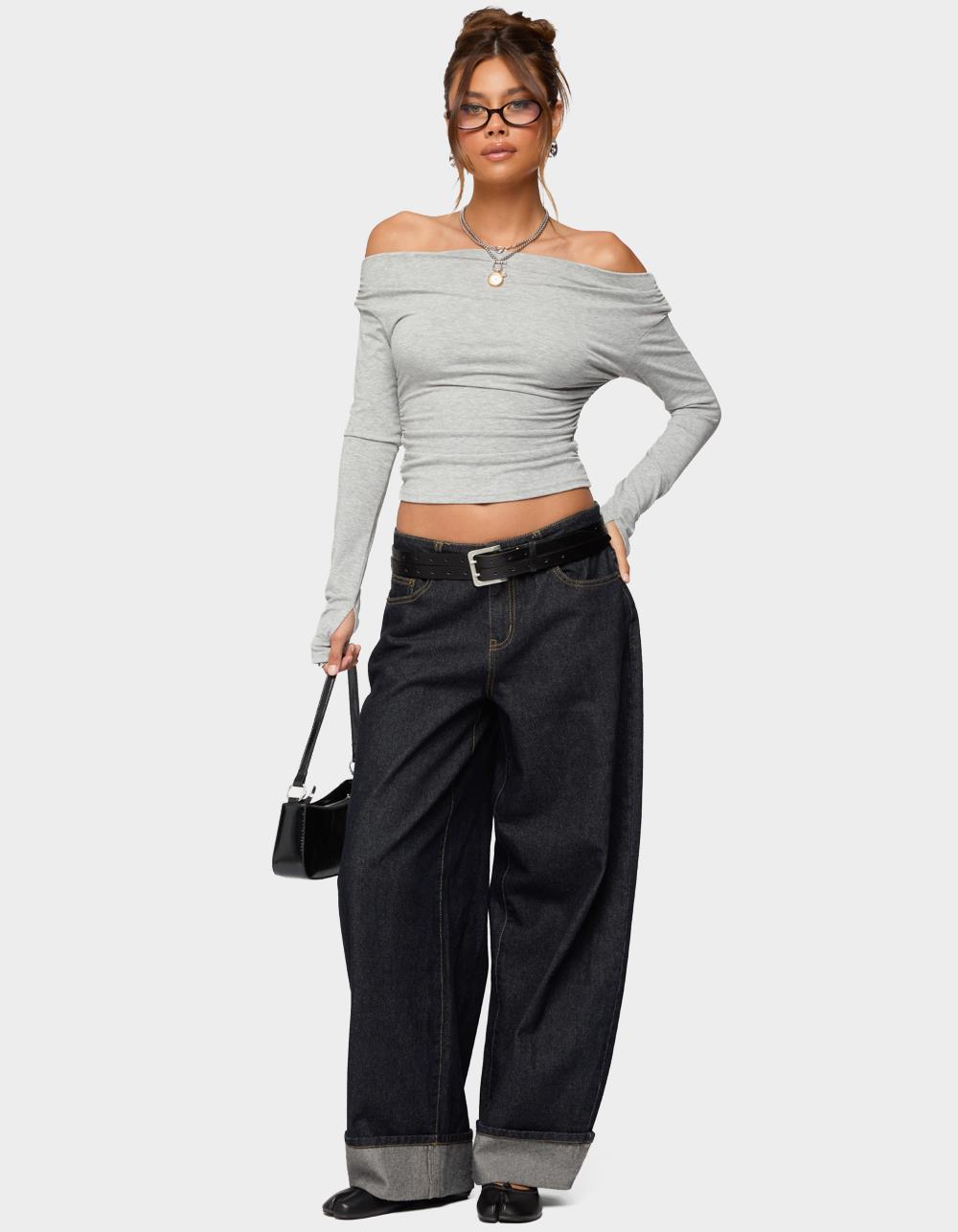 EDIKTED Milane Ruched Off Shoulder Ribbed Top - GRAY