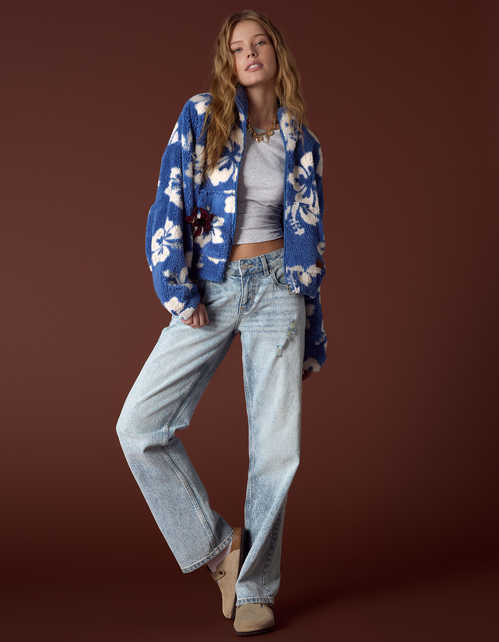 ROXY Cold Surf Womens Zip-Up Sherpa Jacket - BLUE COMBO