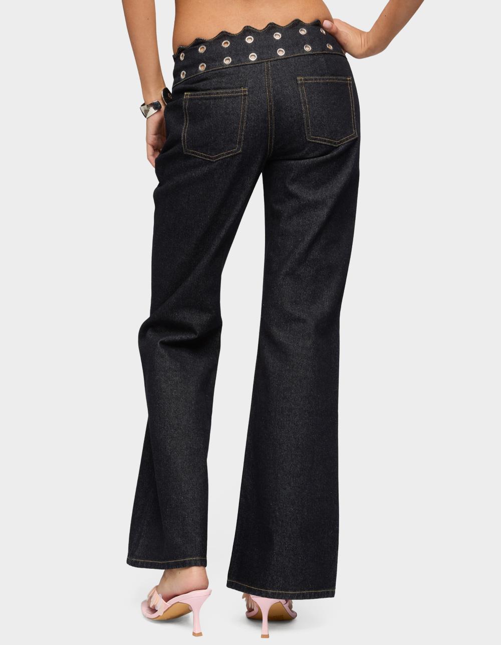 EDIKTED Scalloped Grommet Low Rise Bootcut Jeans - DARK BLUE