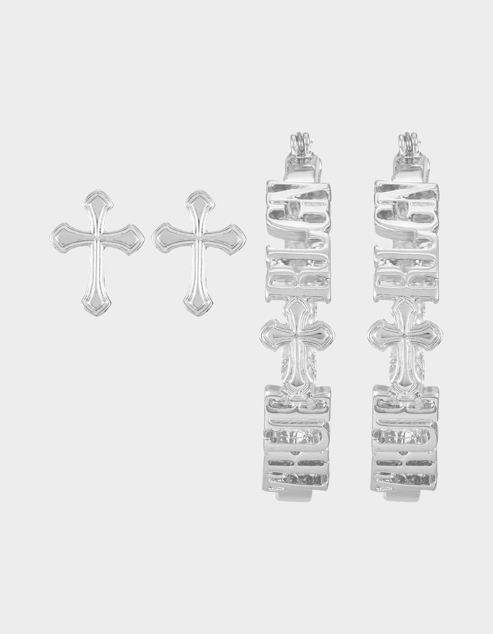 TRUE RELIGION Cross & Logo Hoop Earring Set - SILVER