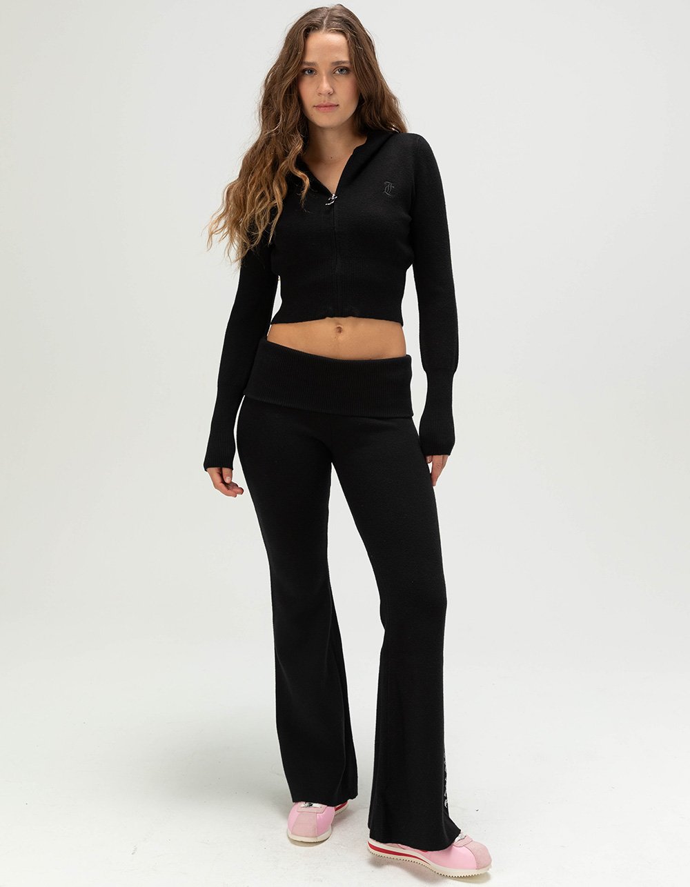 JUICY COUTURE Sweater Bling Womens Fold Over Waistband Flare Pants - BLACK