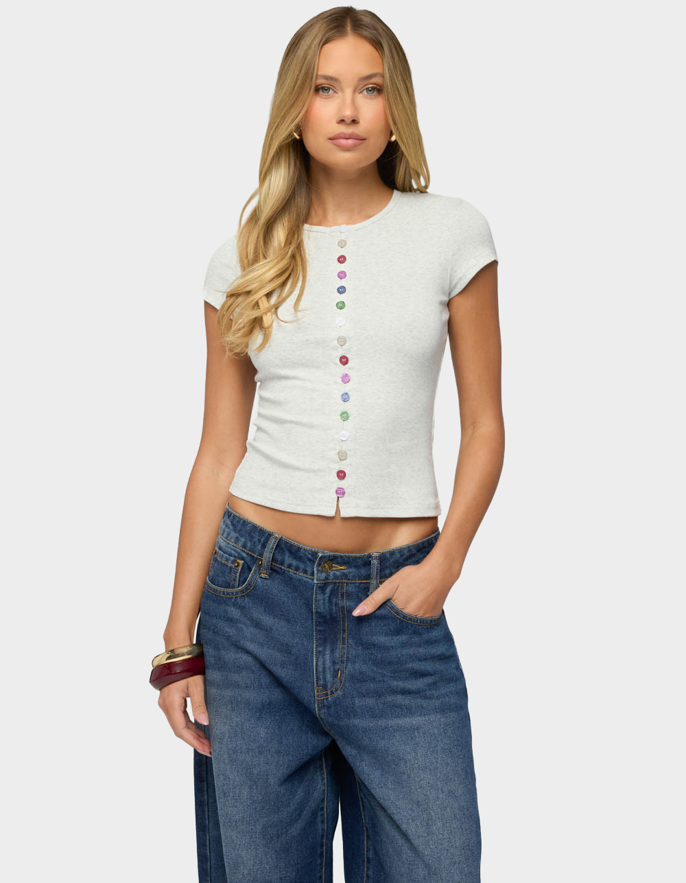 EDIKTED Cary Mixed Button Up Tee - GRAY