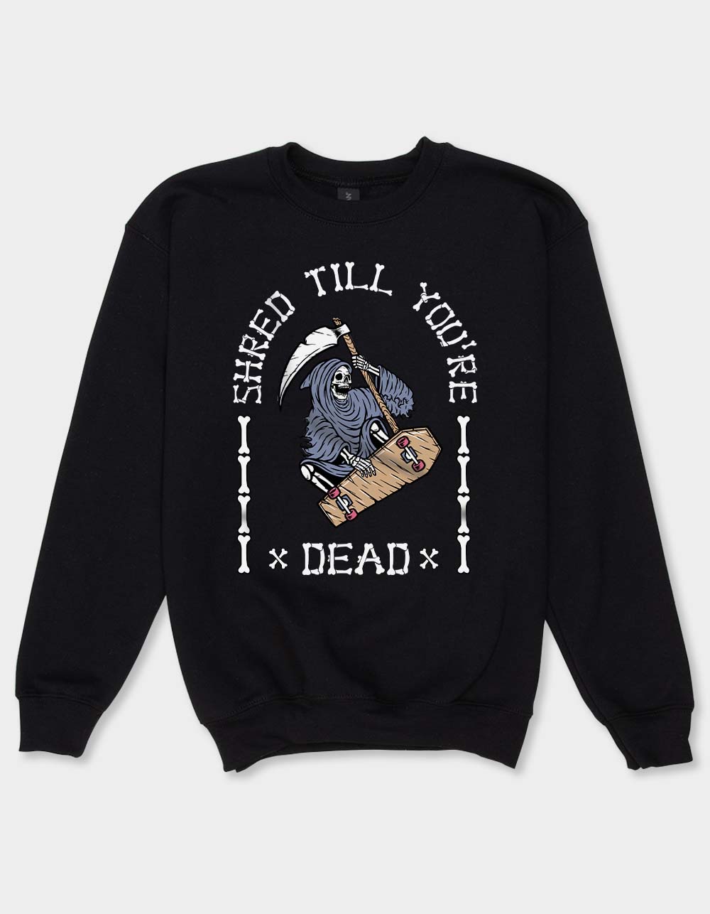 SKELETON Shred Til You're Dead Unisex Kids Crewneck Sweatshirt - BLACK