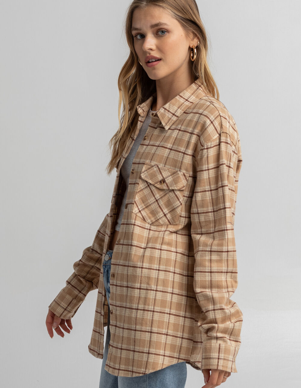 RSQ Womens Oversized Flannel Shirt TAN Tillys