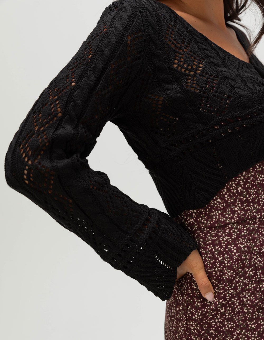 NECTAR CLOTHING Womens Long Sleeve Crochet Top - BLACK