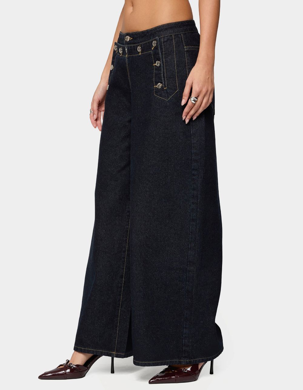EDIKTED Frida Buttoned Low Rise Baggy Jeans - DARK BLUE