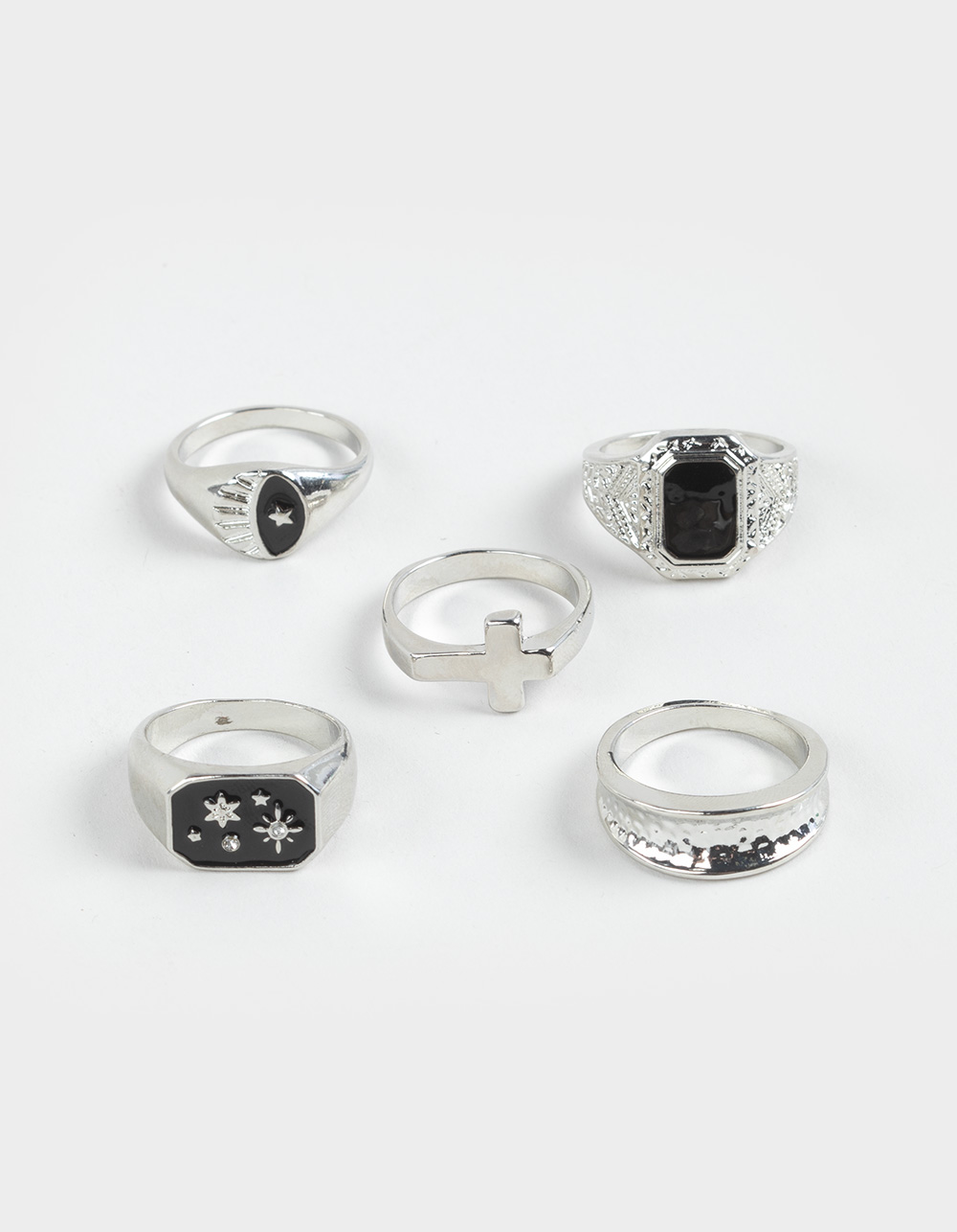 RSQ 5 Pack Cross/Rhinestone Rings - SILVER