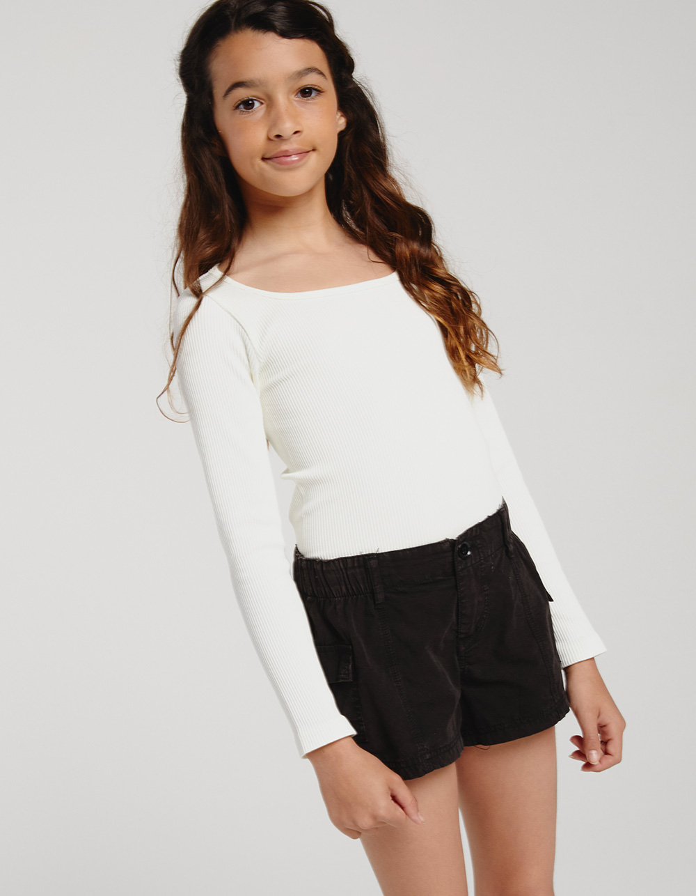 FULL TILT Washed Elastic Waist Girls Cargo Shorts - WASHED BLACK