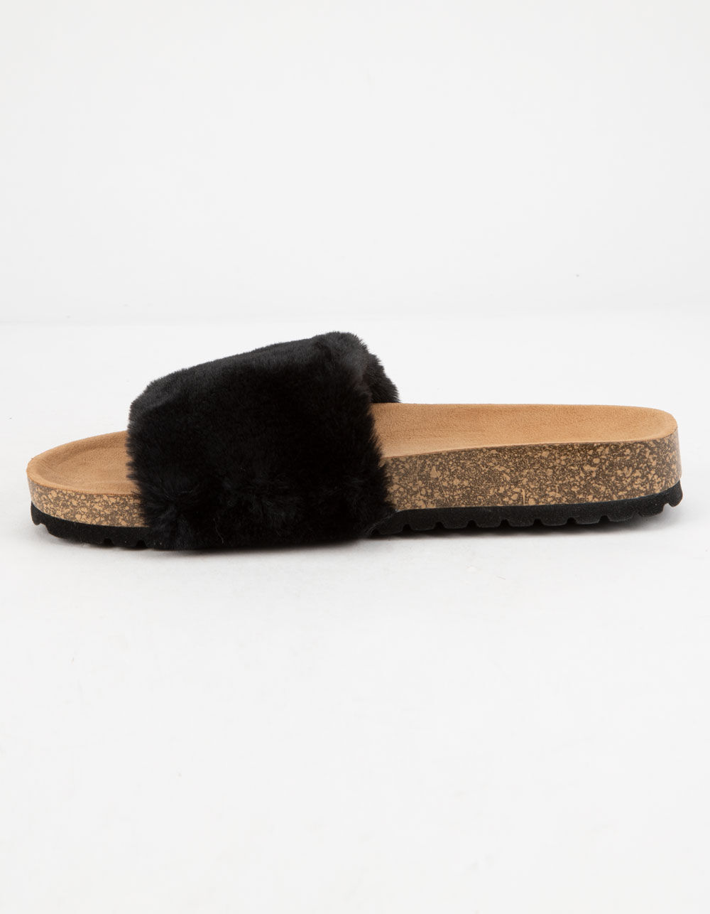 QUPID Faux Fur Cork Black Womens Slide Sandals image number 3