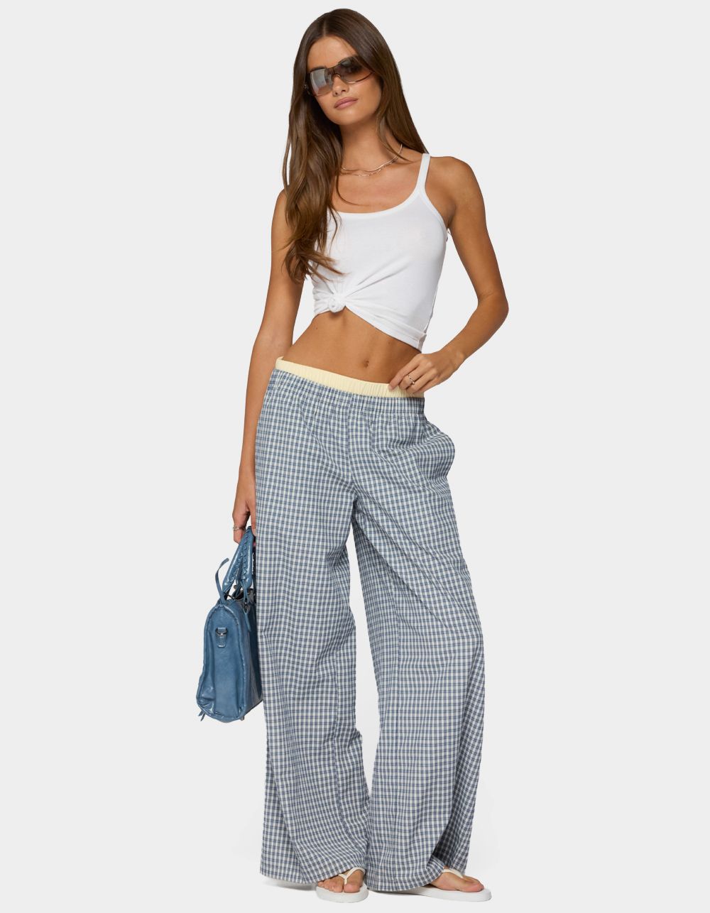 EDIKTED Indya Contrast Plaid Wide Leg Pants - NAVY