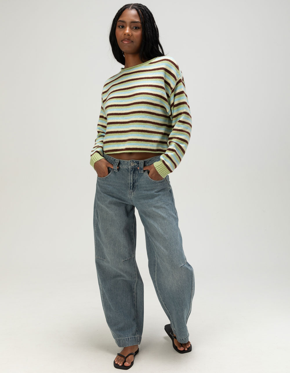 JUST POLLY Womens Stripe Sweater - GREEN COMBO