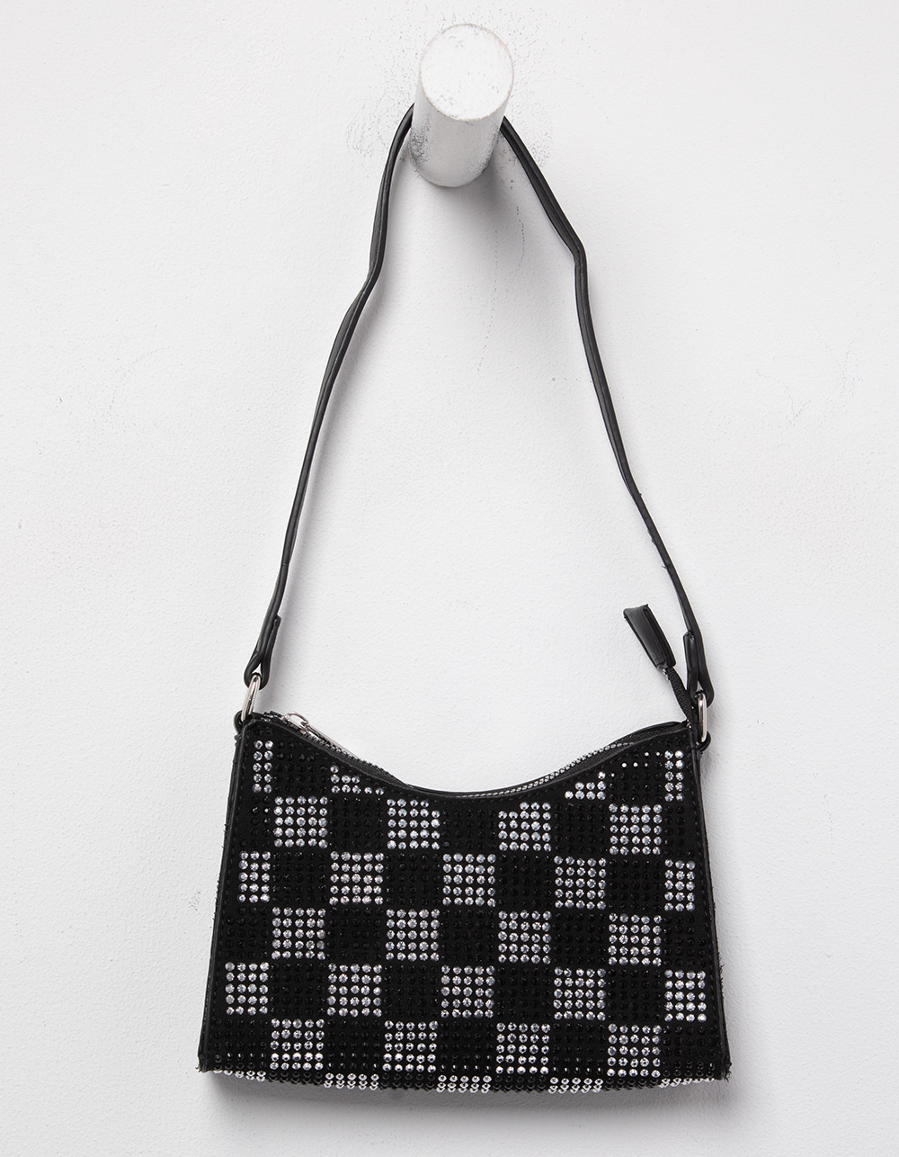 Rhinestone Checkered Shoulder Bag - Black/Silver - One Size