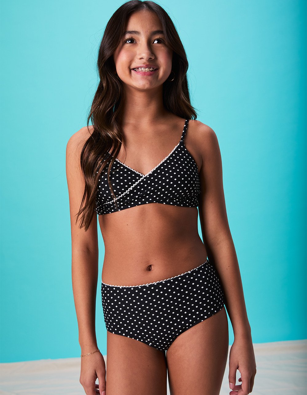 FULL TILT Polka Dot Girls Texture Wrap Bikini Set - BLK/WHT