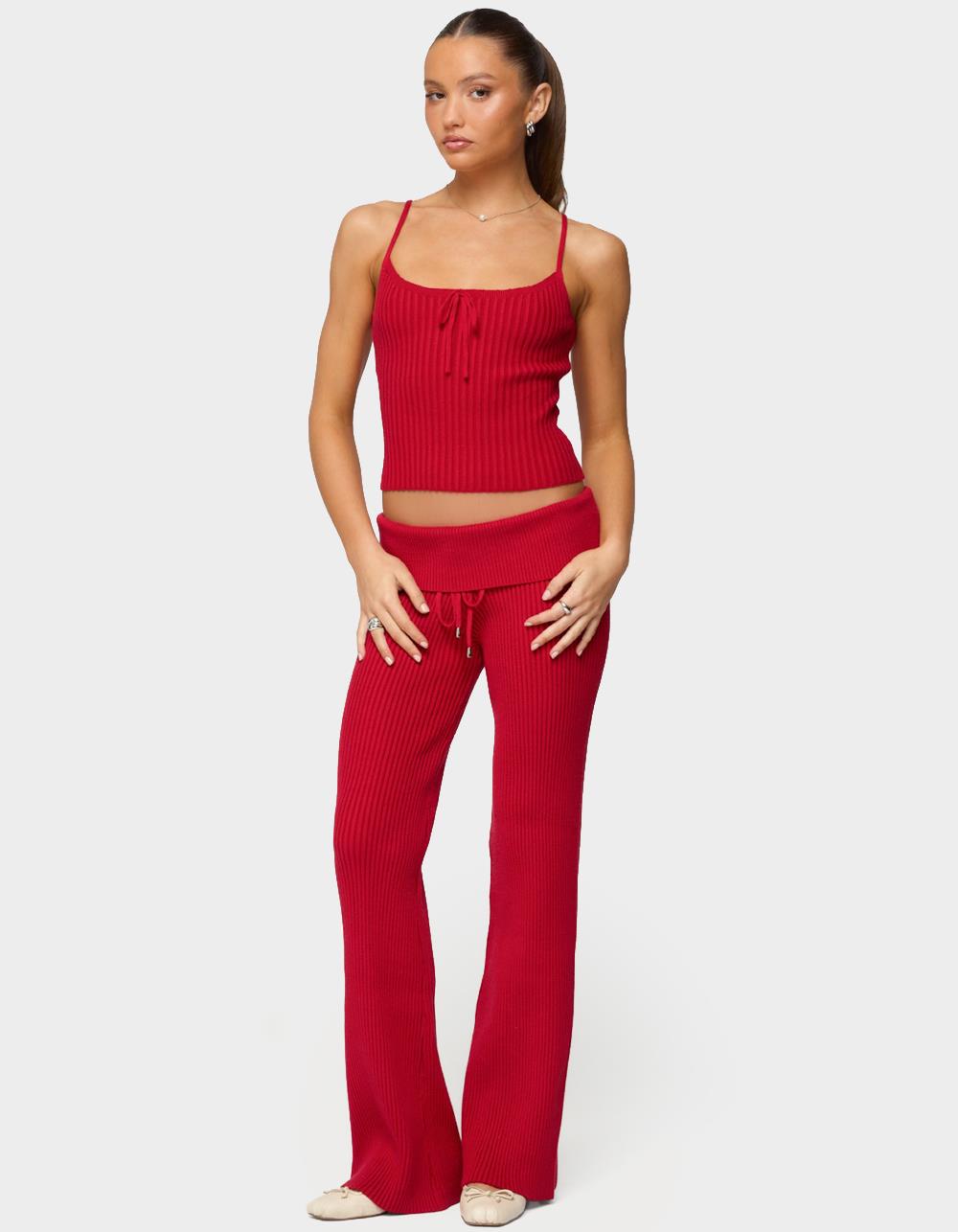 EDIKTED Adannah Foldover Ribbed Knit Pants - RED