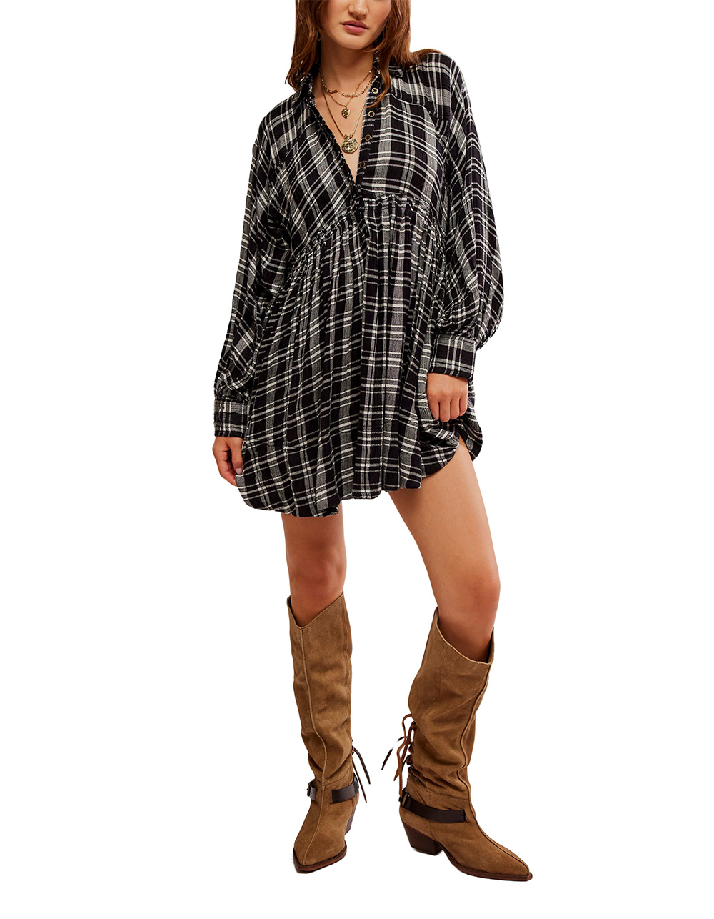 FREE PEOPLE Hoffman Long Sleeve Mini Dress - BLACK COMBO